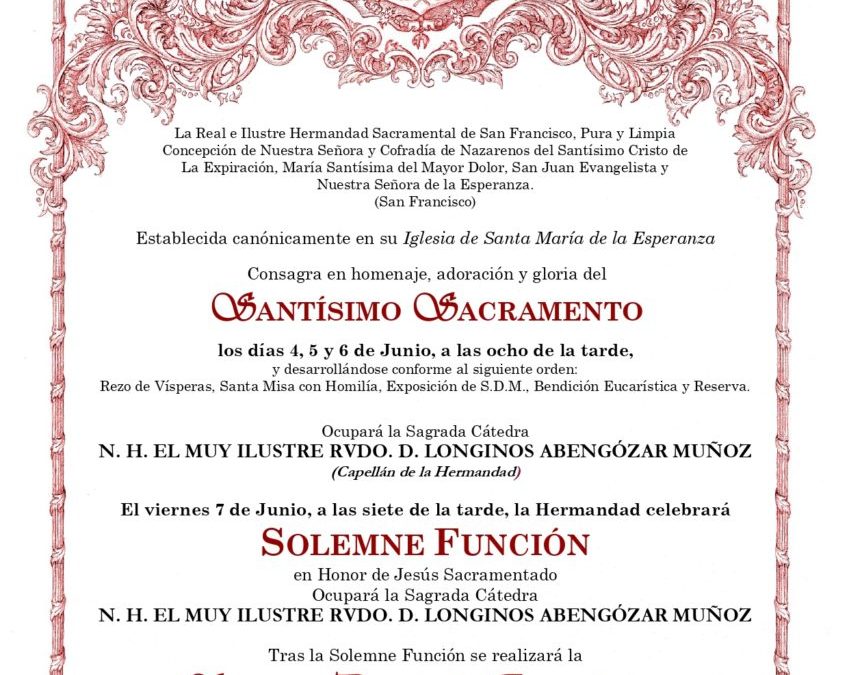 CONVOCATORIA SOLEMNE TRIDUO AL SANTÍSIMO SACRAMENTO Y SOLEMNE FUNCIÓN