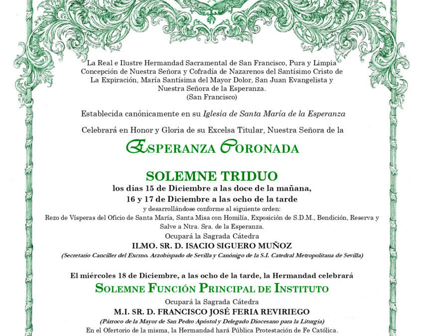 CONVOCATORIA SOLEMNE TRIDUO A NTRA. SRA. DE LA ESPERANZA CORONADA